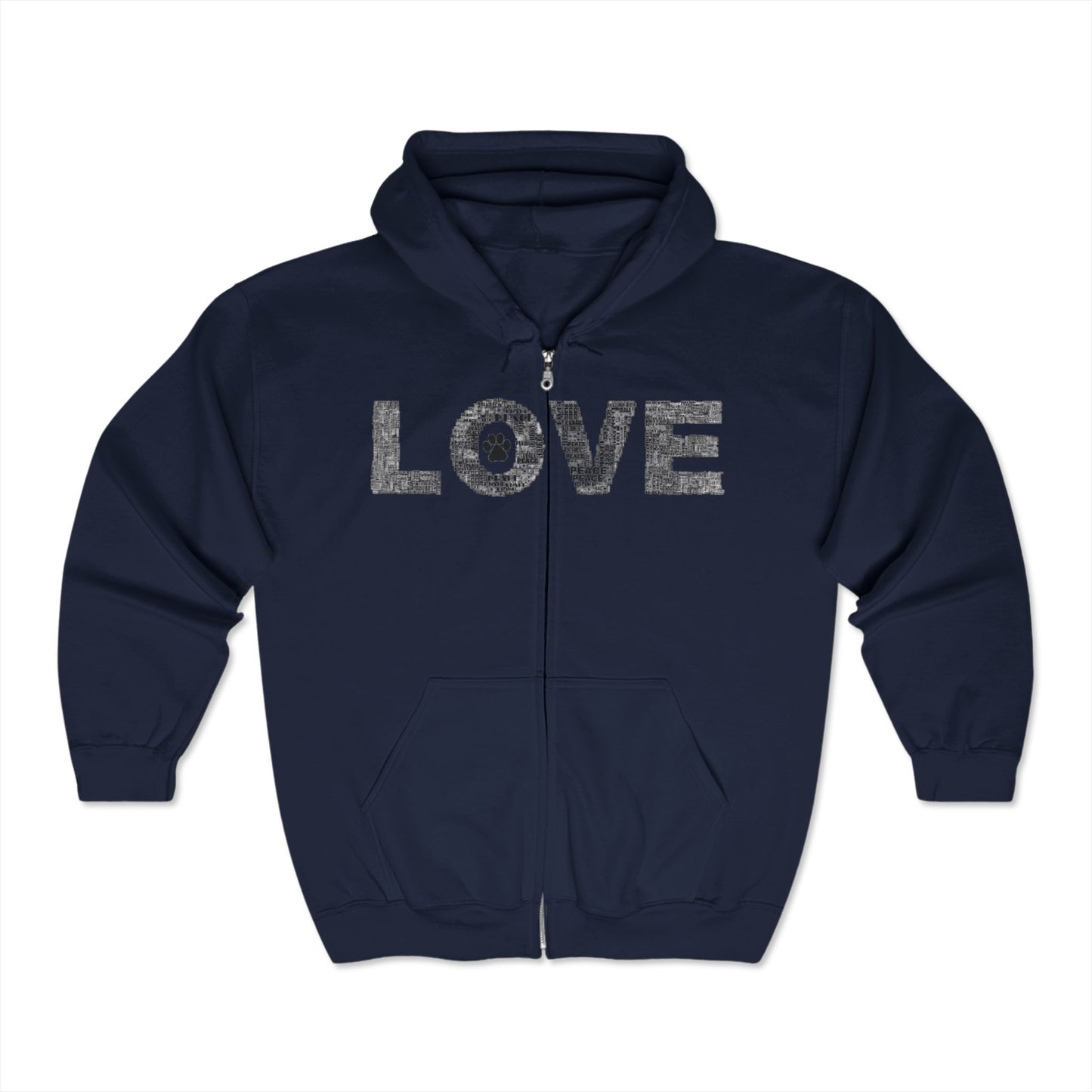 Love Paw Print Hooded Sweatshirt, Unisex Heavy Blend, Cozy Zip Up Jacket, Cute Dog Lover Gift, Warmth Animal Print Top, Comfortable Hoodie